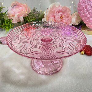 Pink Spring Vintage Inspired Glass Footed Pedestal Cake Dessert Plate Stand 8"